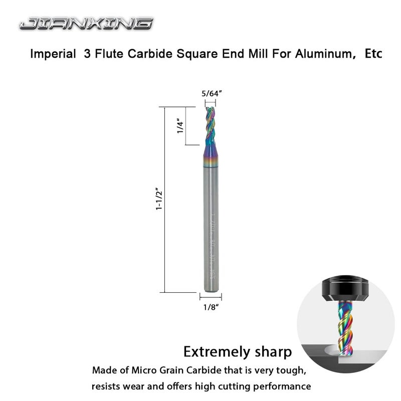 JIANXING Carbide Square End Mill for Aluminum, Copper Alloy, Plastic, 5/64" End Mill Bits, 3 Flute HRC 55 Deg DLC Coating, CNC Router Bits (4 Pieces) - Image 2